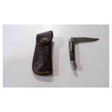 Damascus steel folding pocket knife with sheath
