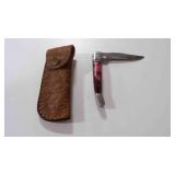 Damascus steel folding pocket knife with sheath