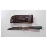 Damascus steel folding pocket knife with sheath