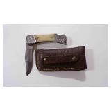 Damascus steel folding pocket knife with sheath