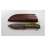Damascus steel fixed-blade knife with sheath