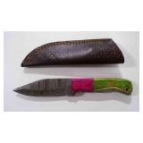 Damascus steel fixed-blade knife with sheath