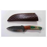 Damascus steel fixed-blade knife with sheath