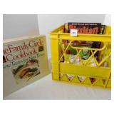 Cookbooks, in plastic storage crate