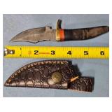 Trailing point knife w/guard. Damascus steel