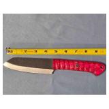 Santoku knife. Carved wood handle w/lanyard hole.