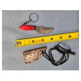 Keychain knife w/embossed leather sheath.