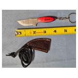 Keychain knife w/embossed leather sheath.