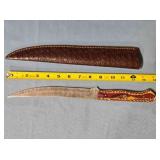 Long trailing point knife w/carved wood handle.