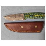 Drop point knife w/carved wood handle & thong hole