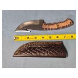 Trailing point knife w/gut hook. Damascus steel