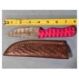 Drop point knife w/carved wood handle & thong hole