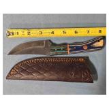 Trailing point knife w/wood handle & thong hole