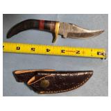 Trailing point blade knife w/guard. Damascus steel