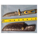 Trailing point knife w/jimping on spine & guard.