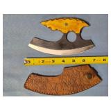 Ulu knife w/carved wood handle. Damascus steel.