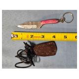 Keychain knife w/embossed leather sheath.