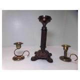 2 Small Silver Plate Candle Holders & 1 Bronze