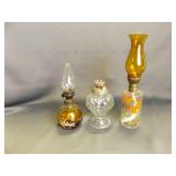 3 Old Clear & Amber Oil or Kerosene Lamps