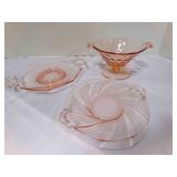 3pcs Pink Depression Glass Handled Relish plates
