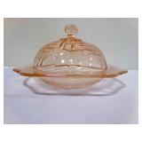 Pink Madrid Depression Glass Covered butter Dish