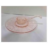 Pink Glass Saucer & dipper ladle w/Etched Flower