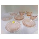 5 Saucers, 3 cups Pink Depression Glass mismatched
