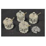 Four salt cellars w/top & spoons. Candlewick style