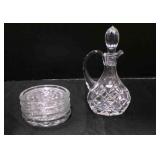 4 Fostoria American coasters & crystal cruet