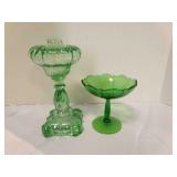Green Glass Stemmed Candy Dish & Oil Lamp Base