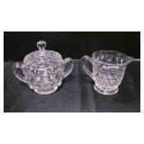 Fostoria American lidded sugar bowl & creamer