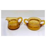 Vtg Amber glass creamer & sugar bowl with etched