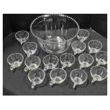 Glass punch bowl & 15 cups. 12" diameter bowl