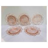 5 Pink Open Lace Depression Glass saucers