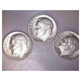 1958-D Silver Roosevelt Dimes (3)
