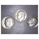 1957-D Silver Roosevelt Dimes (3)
