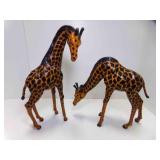 2 Large Giraffe Figurines, Leather Wrapped Wood