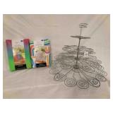 Metal Cup Cake Stand & 2 Lined Table Cloths