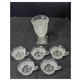 1 - 7" Vase; 5 Flat Cups; Diamond Hobnail pattern