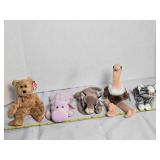 Beanie Baby; Hippo, Cougar, Ostrich, Kitty, Bear