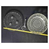 Glass Bowl, 3-legged dish, small glass ladle