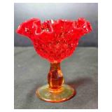 Red Glass stemmed vase w/ruffled edge