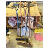 2 Shovels, hoe, 2 brooms