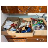 3 boxes- misc. hardware, knives, kitchenware