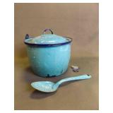 Vintage Baby Blue Speckled Enamelware Pot with Lid