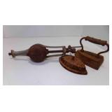 2 RUSTY Sad Irons & OLD Rusty Ice Cream Crank