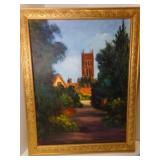 Framed Oil on Canvas Countryside Landscape Church