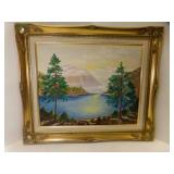 Framed Oil on Canvas Board Mountain Lake Scene