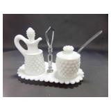 Vintage White Milk Glass Hobnail Condiment Set