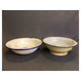 Vintage White Enamelware 10" Colander - Blue Trim